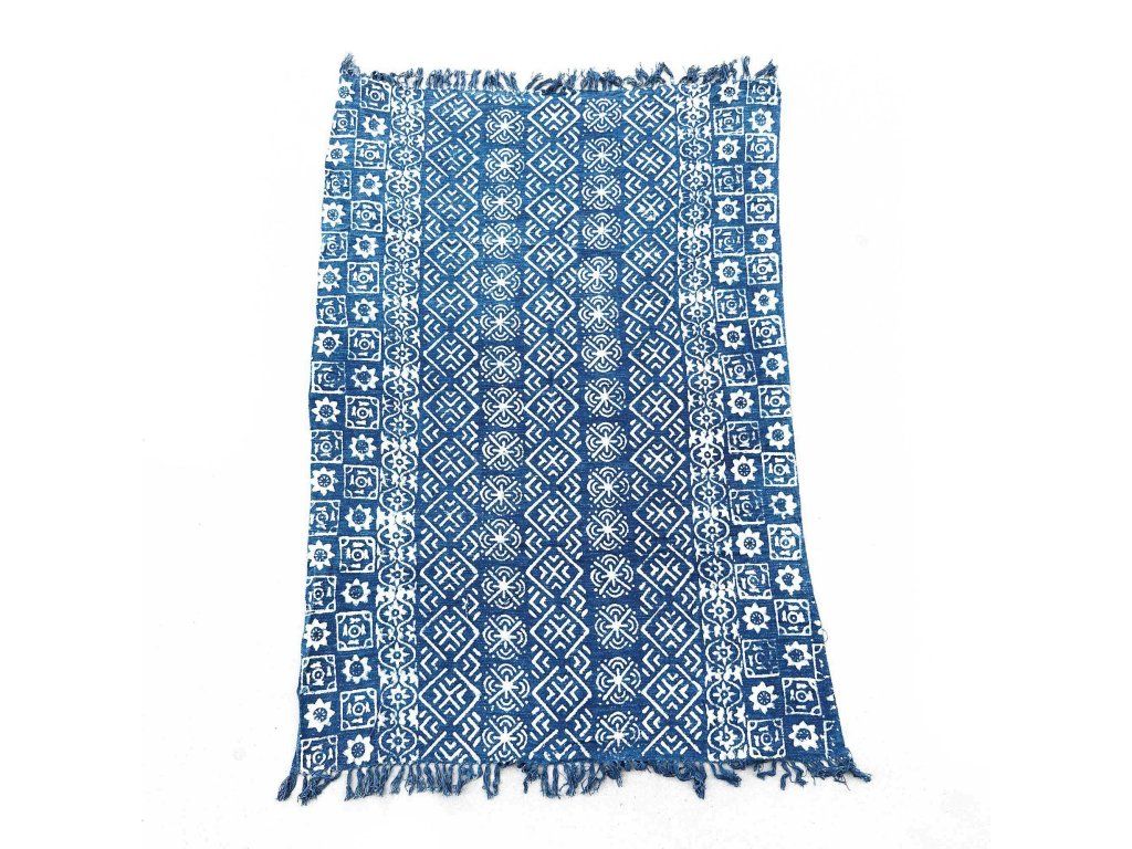 Ručně Vyráběný Indigový Přehoz - 170x120cm - Desi Pruhy: Bavlna se střapci