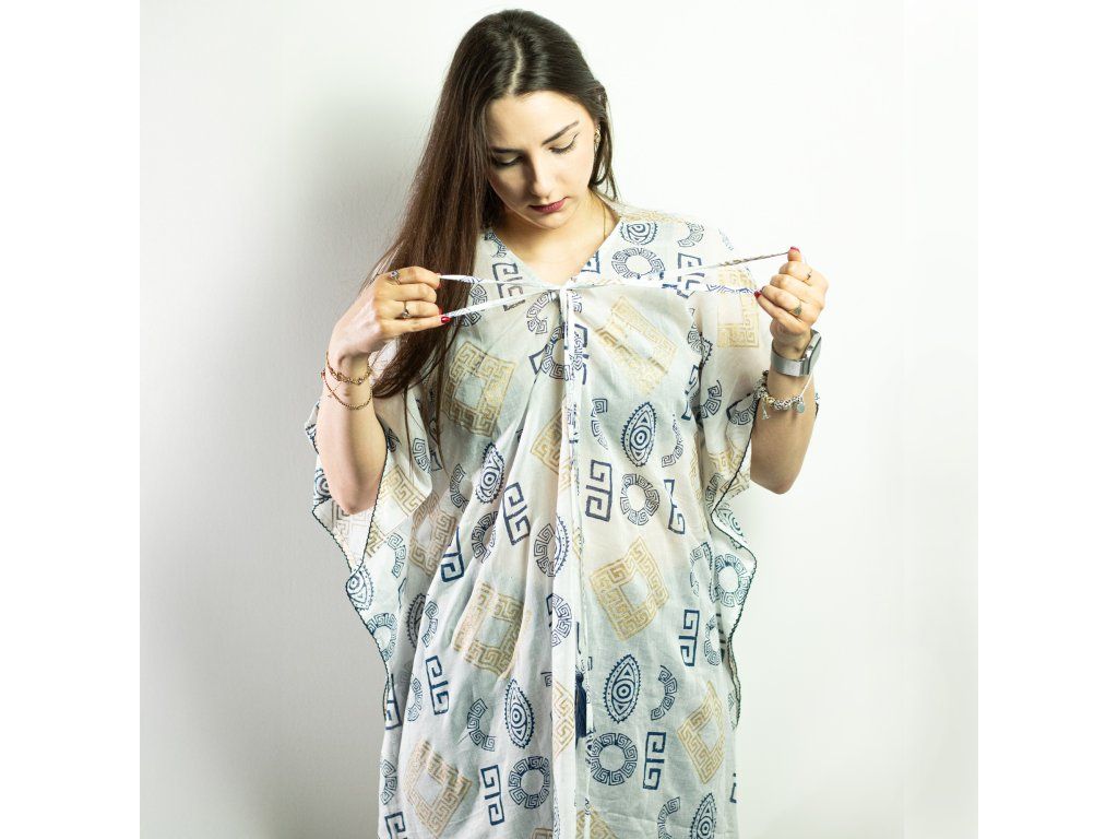 Nomád Sari - Kaftan - Zlatý & Modrý Grécký Motiv - Ručně Malovaný: Čistá bavlna
