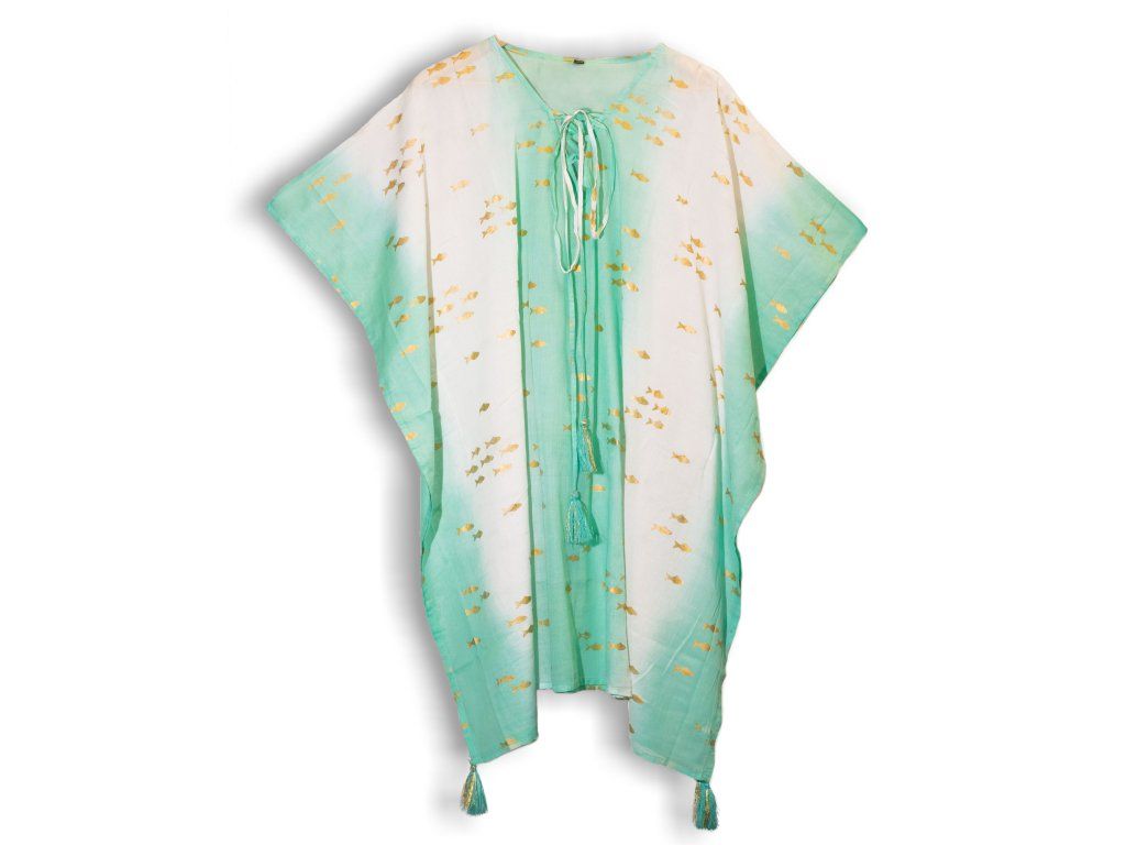 Nomád Sari - Kaftan - Bílý  & Tyrkysový - Design Zlaté Ryby: Bavlněné provedení s motivem