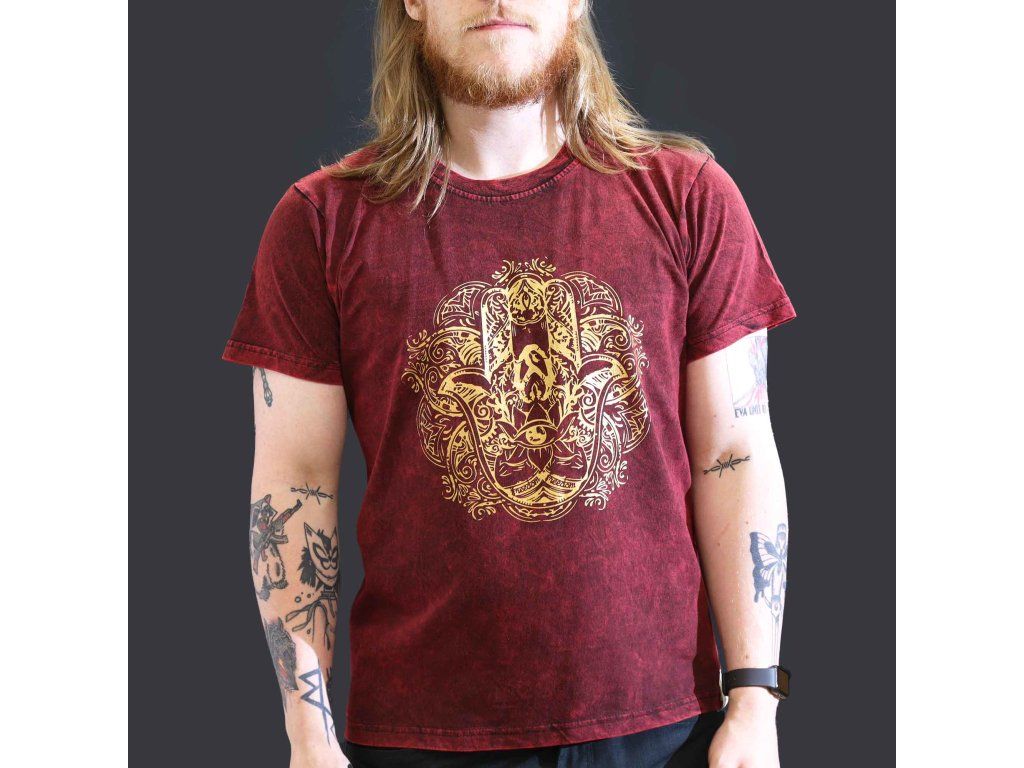 Velké Stone Washed Tričko - Hamsa - Kaštanové: Dvakrát prané kamenem