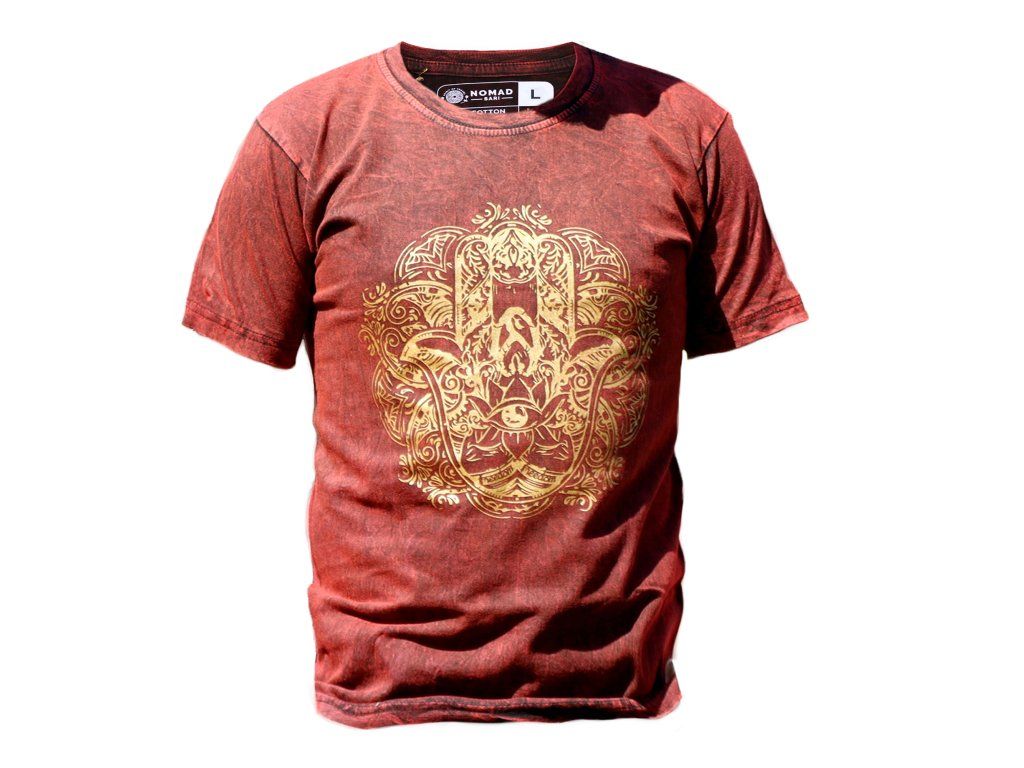 Velké Stone Washed Tričko - Hamsa - Kaštanové: Motiv hamsy