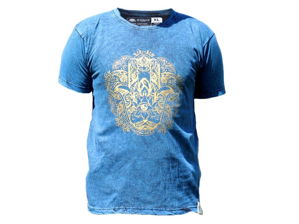 Extra Velké Stone Washed Tričko - Hamsa - Modré: Motiv hamsa