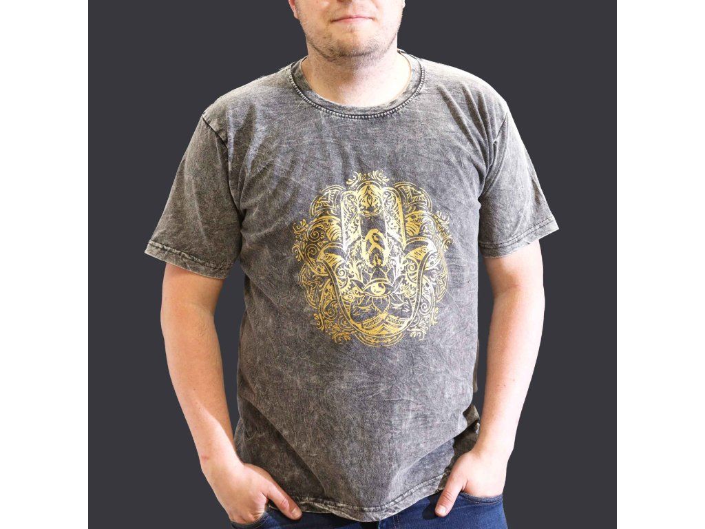 Extra Velké Stone Washed Tričko - Hamsa - Tmavě Šedé: Vyrobeno v Nepálu