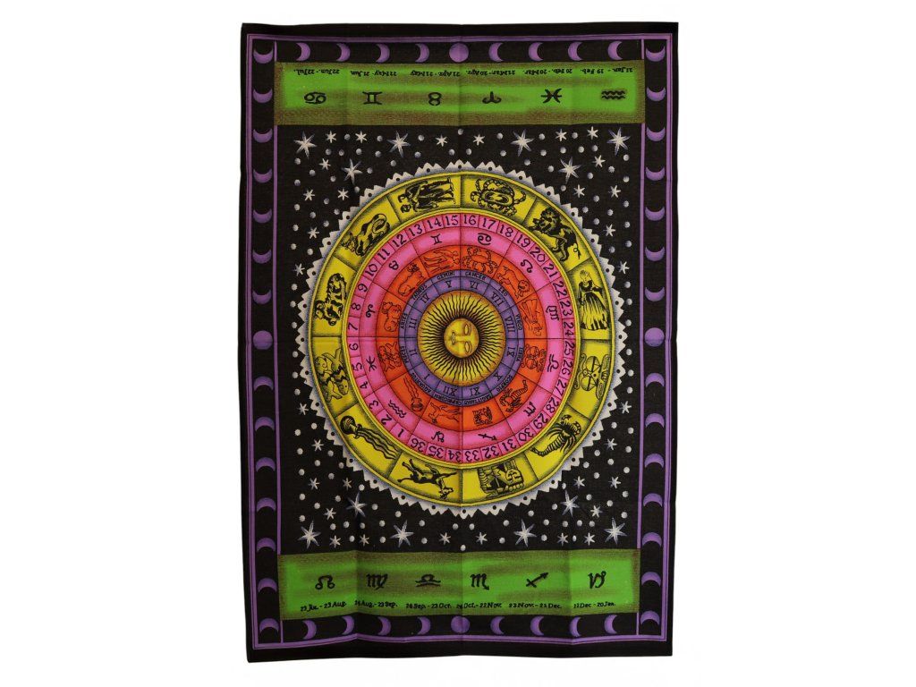 Bavlněné Nástěnné Závěsy (70x110cm) - Barevný Zodiac: Kruhová mandala zvěrokruhu