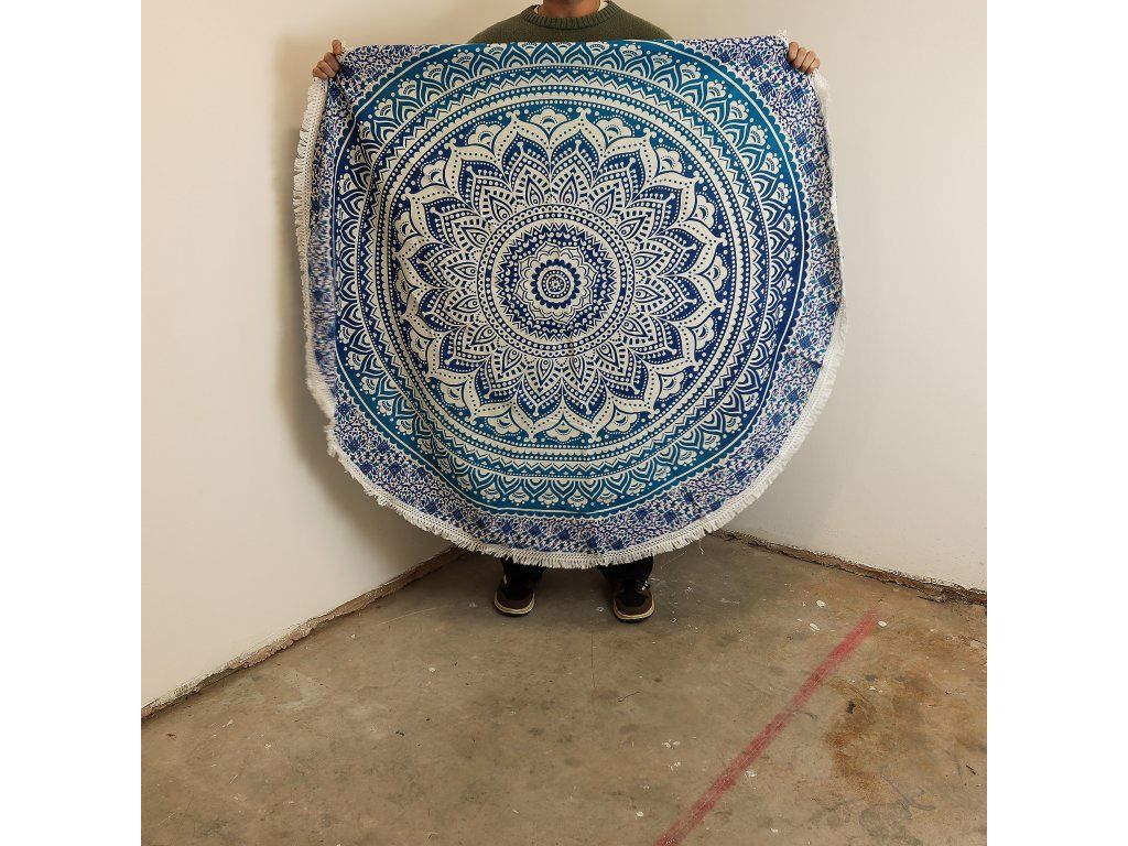 Malý Mandala Kruhový Nástěnný Závěs (130cm) - Klasická Modrá: Bavlna, 130 cm