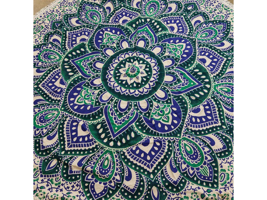 Malý Mandala Kruhový Nástěnný Závěs (130cm) - Tyrkysová a Modrá: Detailní vzor mandaly