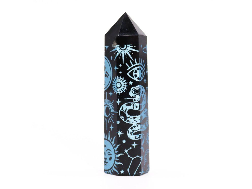 Černé Obsidiánové Hroty (cca 60-70 gm 9cm) - Mystický Příběh - Nebesky Modrá: Vyleptané symboly