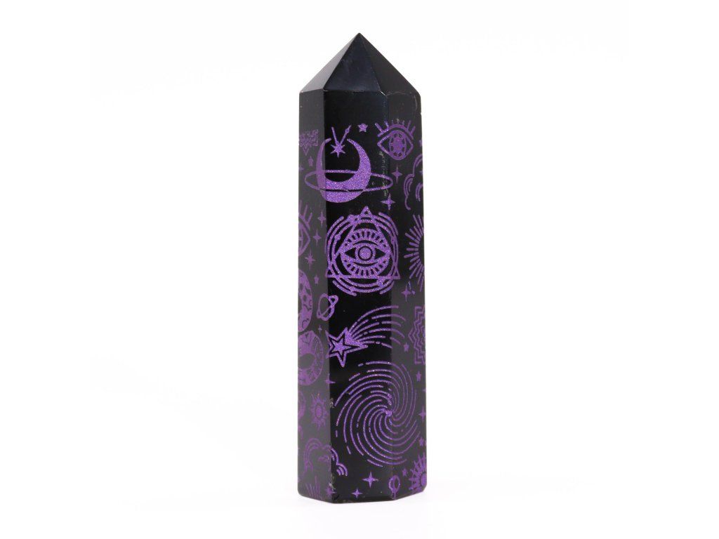 Černé Obsidiánové Hroty (cca 60-70 gm 9cm) - Mystický Příběh - Hluboká Fialová: Symboly slunce, měsíce a hvězd