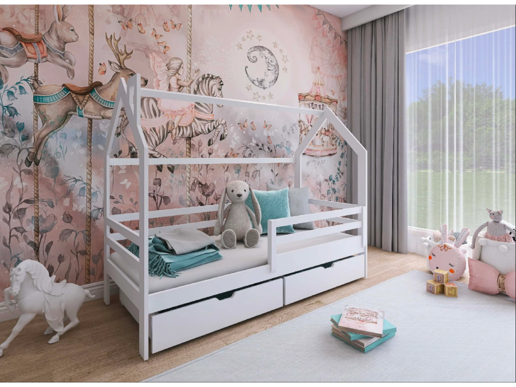 LILA 90x190 bílá domečková postel: Borovicový rám se stříškou