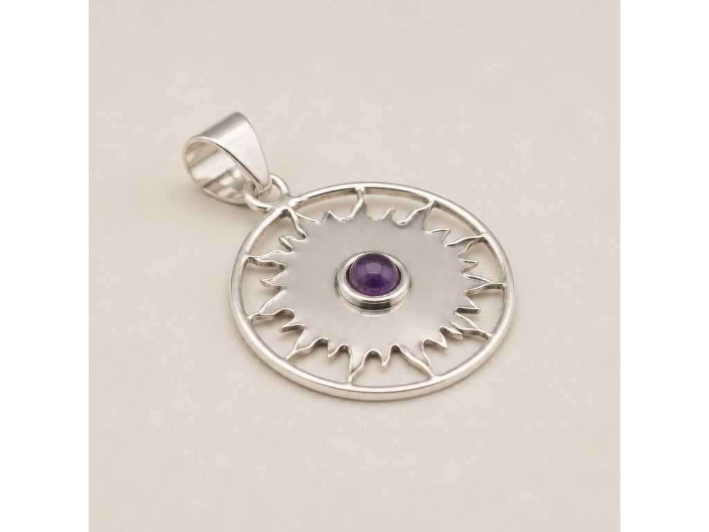 Indický přívěsek - postříbřený (45 cm šňůra) - Sun Worship Amethyst: Leštěný ametyst